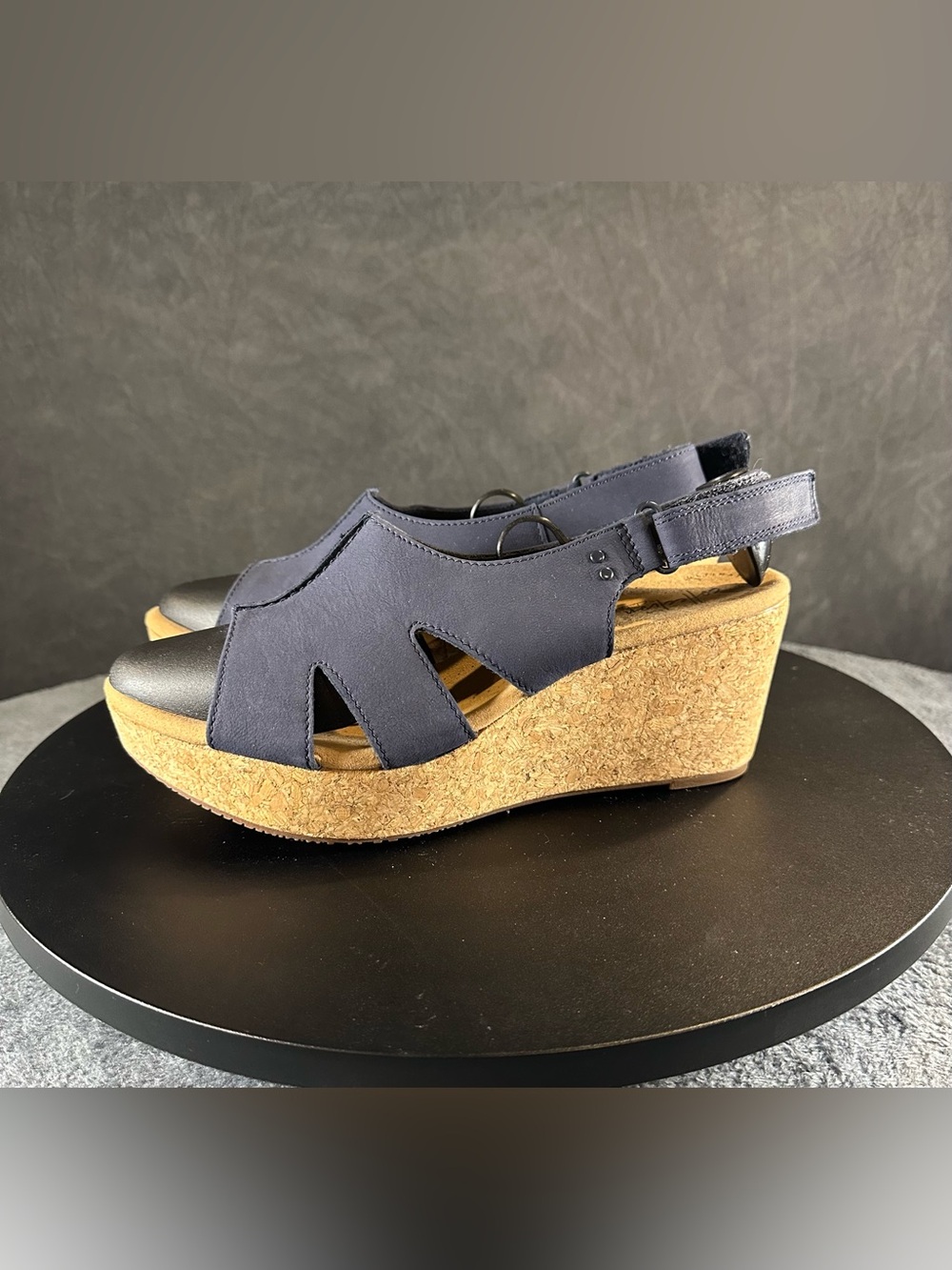 Clarks Navy and Cork Wedge Sandals Blue Nubuck Size 11